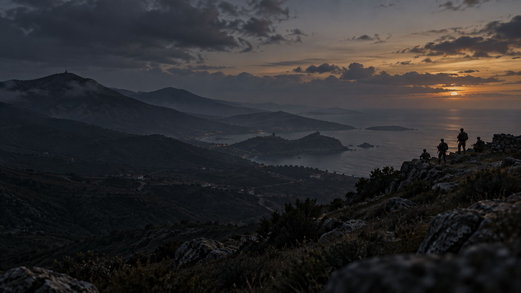 Military squad overlooking an island coastline