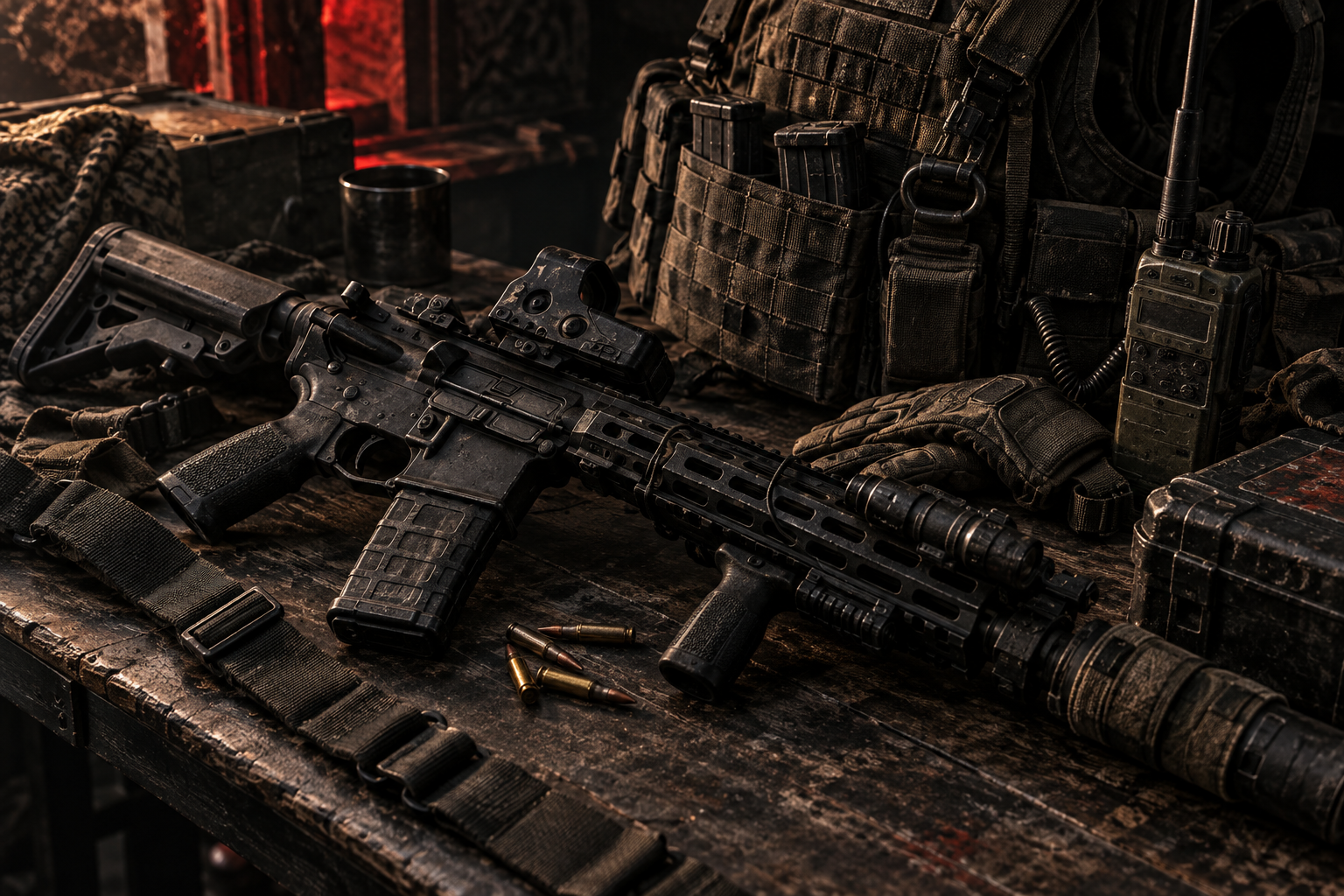 Tactical equipment arranged on a table